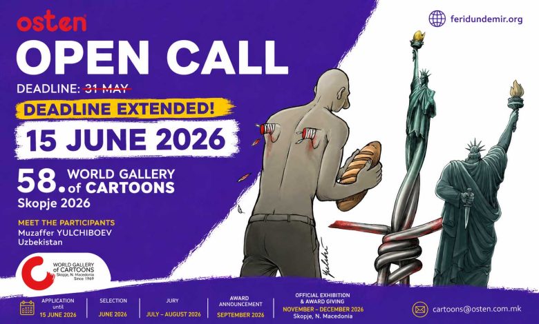 58th World Gallery of Cartoons Skopje 2026 official open call poster featuring works by Muzaffer Yulchiboev and the extended June 15 deadline.