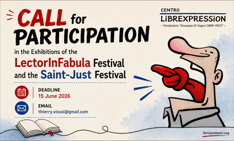 Call for participation poster for the LectorInFabula and Saint-Just Festival cartoon exhibitions about artificial intelligence dangers