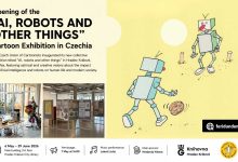 Poster and exhibition photos from the “AI, Robots and Other Things” cartoon exhibition in Czechia
