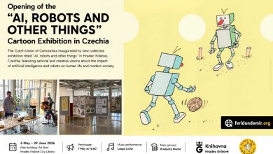 Poster and exhibition photos from the “AI, Robots and Other Things” cartoon exhibition in Czechia