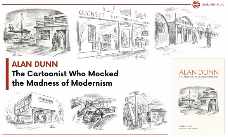 Selection of Alan Dunn architectural cartoons criticizing modernist architecture and postwar housing trends.