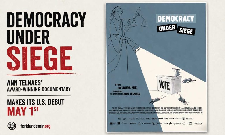 Official poster of the documentary Democracy Under Siege by Ann Telnaes.