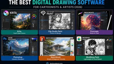 Comparison of the best digital drawing software for cartoonists and artists including Krita, Clip Studio Paint, Procreate, Photoshop, Sketchbook and MediBang Paint.