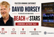 David Horsey promotional magazine-style poster for the Edmonds Author Talk event featuring the novel Beach of Stars