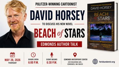 David Horsey promotional magazine-style poster for the Edmonds Author Talk event featuring the novel Beach of Stars