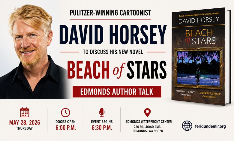 David Horsey promotional magazine-style poster for the Edmonds Author Talk event featuring the novel Beach of Stars