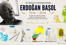 Memorial tribute poster for legendary Turkish cartoonist Erdoğan Başol featuring his portrait and original cartoons