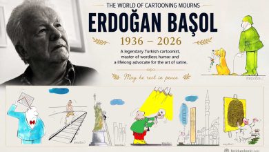 Memorial tribute poster for legendary Turkish cartoonist Erdoğan Başol featuring his portrait and original cartoons