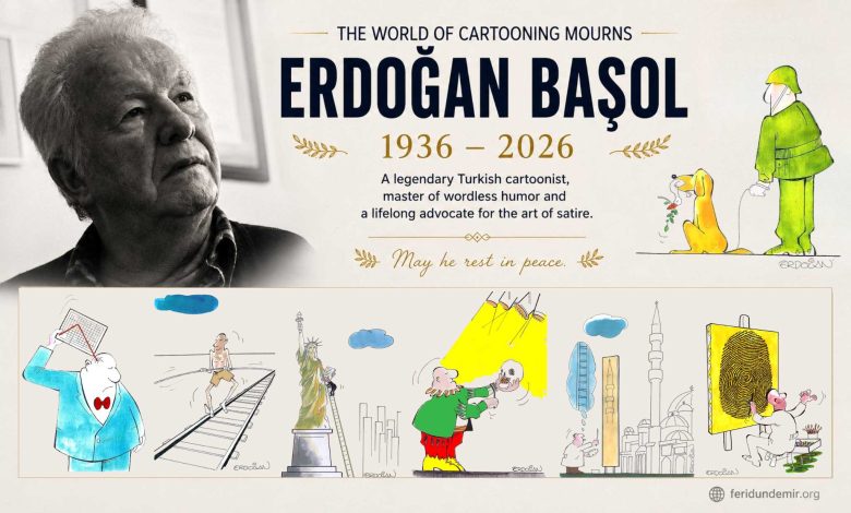 Memorial tribute poster for legendary Turkish cartoonist Erdoğan Başol featuring his portrait and original cartoons