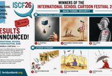 International School Cartoon Festival 2026 winners poster featuring professional and student category cartoon artworks