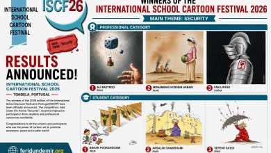 International School Cartoon Festival 2026 winners poster featuring professional and student category cartoon artworks