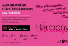 Promotional poster for the JAGDA International Student Poster Award 2026 featuring the theme “Harmony” on a vibrant pink background.