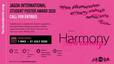 Promotional poster for the JAGDA International Student Poster Award 2026 featuring the theme “Harmony” on a vibrant pink background.
