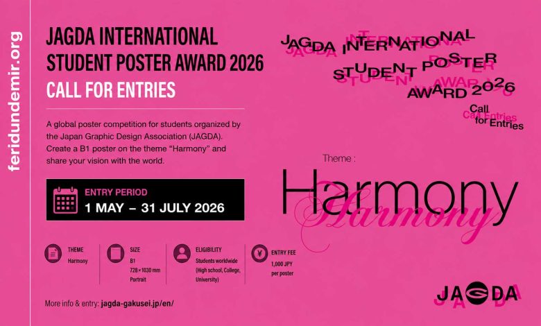 Promotional poster for the JAGDA International Student Poster Award 2026 featuring the theme “Harmony” on a vibrant pink background.