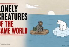 Editorial cartoon of a polar bear on melting ice facing a lonely man in a small boat.