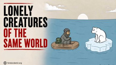 Editorial cartoon of a polar bear on melting ice facing a lonely man in a small boat.