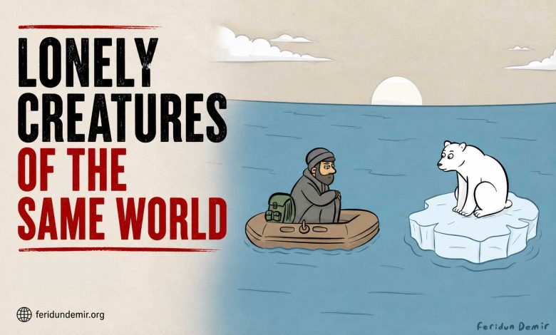 Editorial cartoon of a polar bear on melting ice facing a lonely man in a small boat.