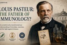 Louis Pasteur portrait with scientific laboratory elements and typography about immunology and vaccines