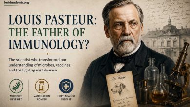 Louis Pasteur portrait with scientific laboratory elements and typography about immunology and vaccines