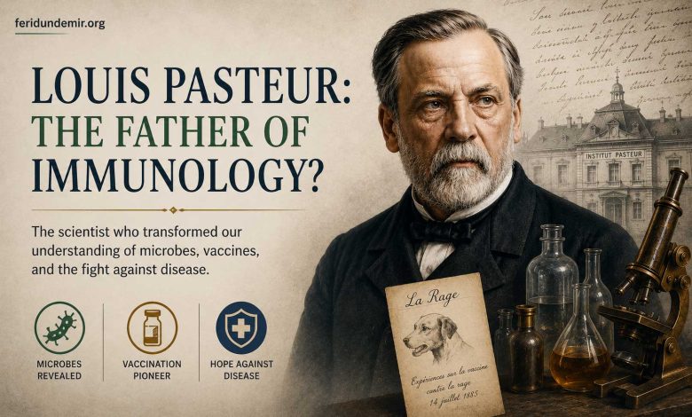 Louis Pasteur portrait with scientific laboratory elements and typography about immunology and vaccines