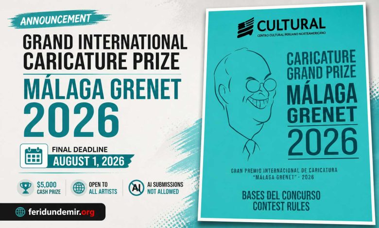 Official poster for the Málaga Grenet 2026 Caricature Prize featuring the Walt Disney theme and $5,000 award details.