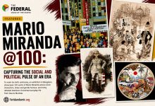 Mario Miranda at 100 exhibition poster with iconic Indian cartoon characters.