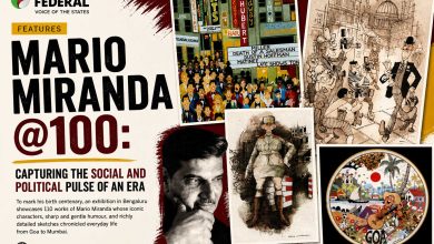 Mario Miranda at 100 exhibition poster with iconic Indian cartoon characters.