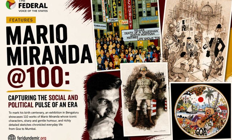 Mario Miranda at 100 exhibition poster with iconic Indian cartoon characters.