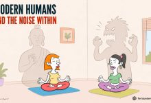 Editorial cartoon showing two women meditating while their inner emotions appear as shadows behind them.