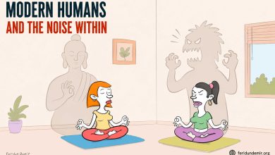 Editorial cartoon showing two women meditating while their inner emotions appear as shadows behind them.