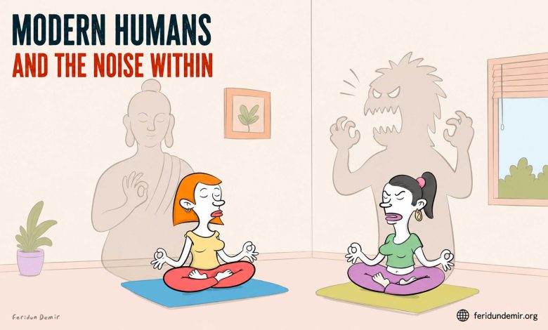 Editorial cartoon showing two women meditating while their inner emotions appear as shadows behind them.