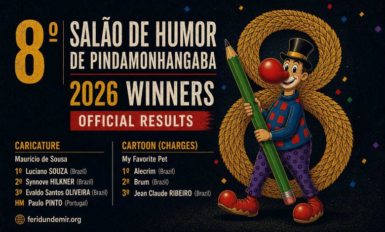 Award winning caricatures and cartoons from the 8th Salão de Humor de Pindamonhangaba 2026.