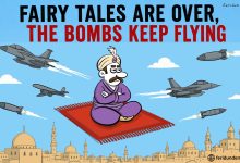Political cartoon showing a man on a flying carpet surrounded by warplanes and missiles above a Middle Eastern city.