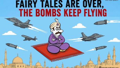 Political cartoon showing a man on a flying carpet surrounded by warplanes and missiles above a Middle Eastern city.