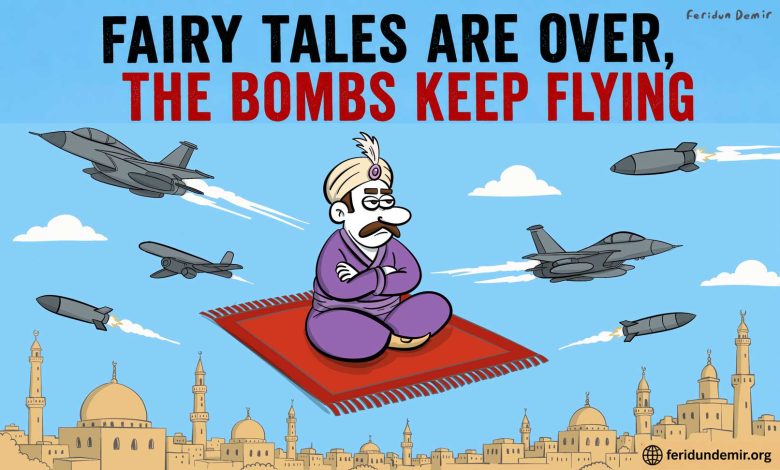 Political cartoon showing a man on a flying carpet surrounded by warplanes and missiles above a Middle Eastern city.