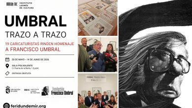 Visitors and artists at the “Umbral, trazo a trazo” exhibition dedicated to Francisco Umbral in León, Spain