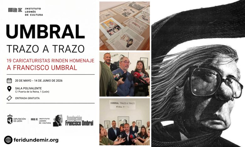 Visitors and artists at the “Umbral, trazo a trazo” exhibition dedicated to Francisco Umbral in León, Spain