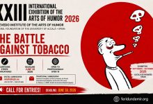 Poster-style artwork for the XXIII International Exhibition of the Arts of Humor 2026 themed “The Battle Against Tobacco”