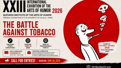 Poster-style artwork for the XXIII International Exhibition of the Arts of Humor 2026 themed “The Battle Against Tobacco”