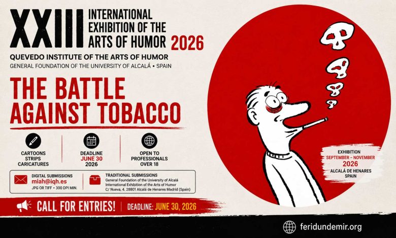 Poster-style artwork for the XXIII International Exhibition of the Arts of Humor 2026 themed “The Battle Against Tobacco”