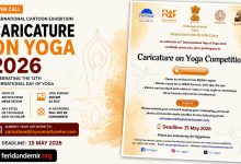 Caricature drawing of a person practicing yoga for the International Yoga Day 2026 Exhibition.