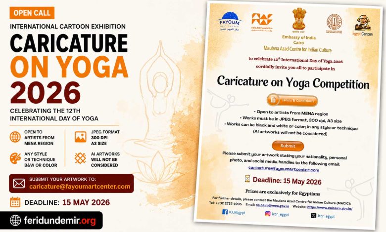 Caricature drawing of a person practicing yoga for the International Yoga Day 2026 Exhibition.