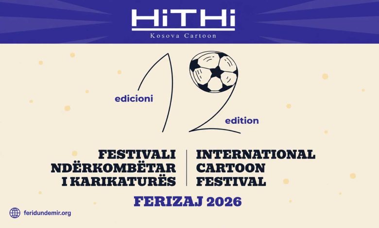 12th International Cartoon Festival Ferizaj 2026 official poster featuring Fadil Vokrri portrait theme and free theme categories.