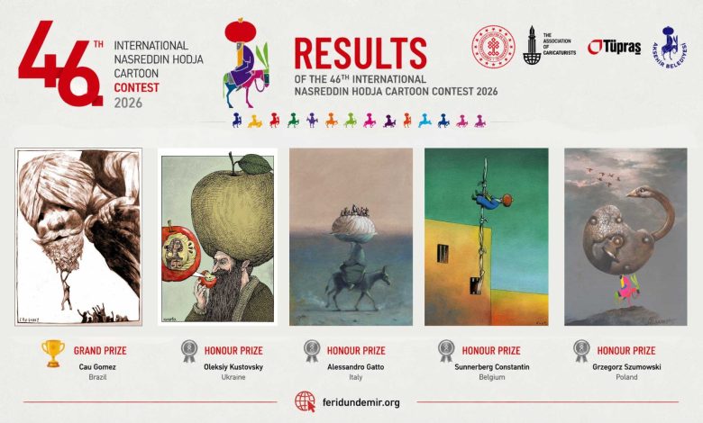 Featured image for the 46th International Nasreddin Hodja Cartoon Contest 2026 Results featuring the Grand Prize and Honour Prize winning cartoons.