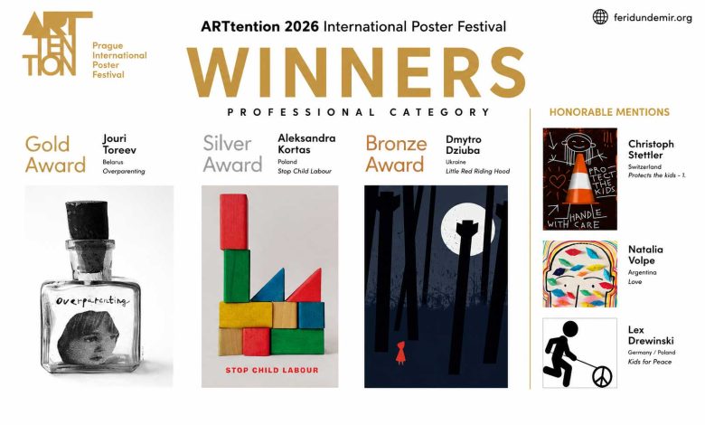 ARTtention 2026 International Poster Festival winners featuring awarded posters by Jouri Toreev, Aleksandra Kortas, Dmytro Dziuba, and Honorable Mention recipients.