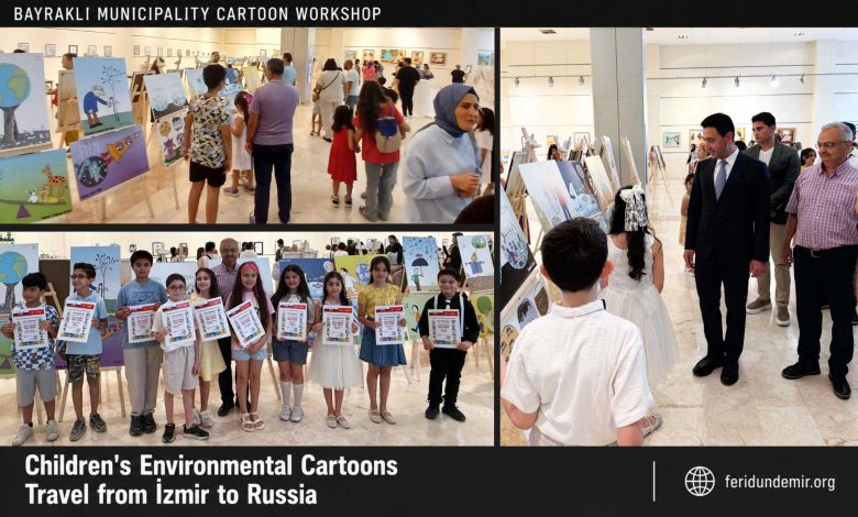 Young cartoonists from Bayraklı Municipality displaying environmental cartoons exhibited in İzmir and Russia.