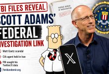 Scott Adams, Dilbert character, FBI seal and X logo featured in a graphic about newly released FBI investigation files.