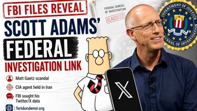 Scott Adams, Dilbert character, FBI seal and X logo featured in a graphic about newly released FBI investigation files.