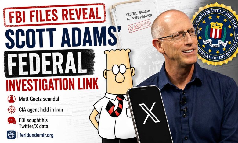 Scott Adams, Dilbert character, FBI seal and X logo featured in a graphic about newly released FBI investigation files.