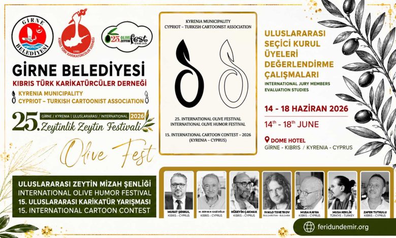 Poster of the 15th International Cartoon Competition 2026 in Kyrenia, Cyprus featuring participation statistics.